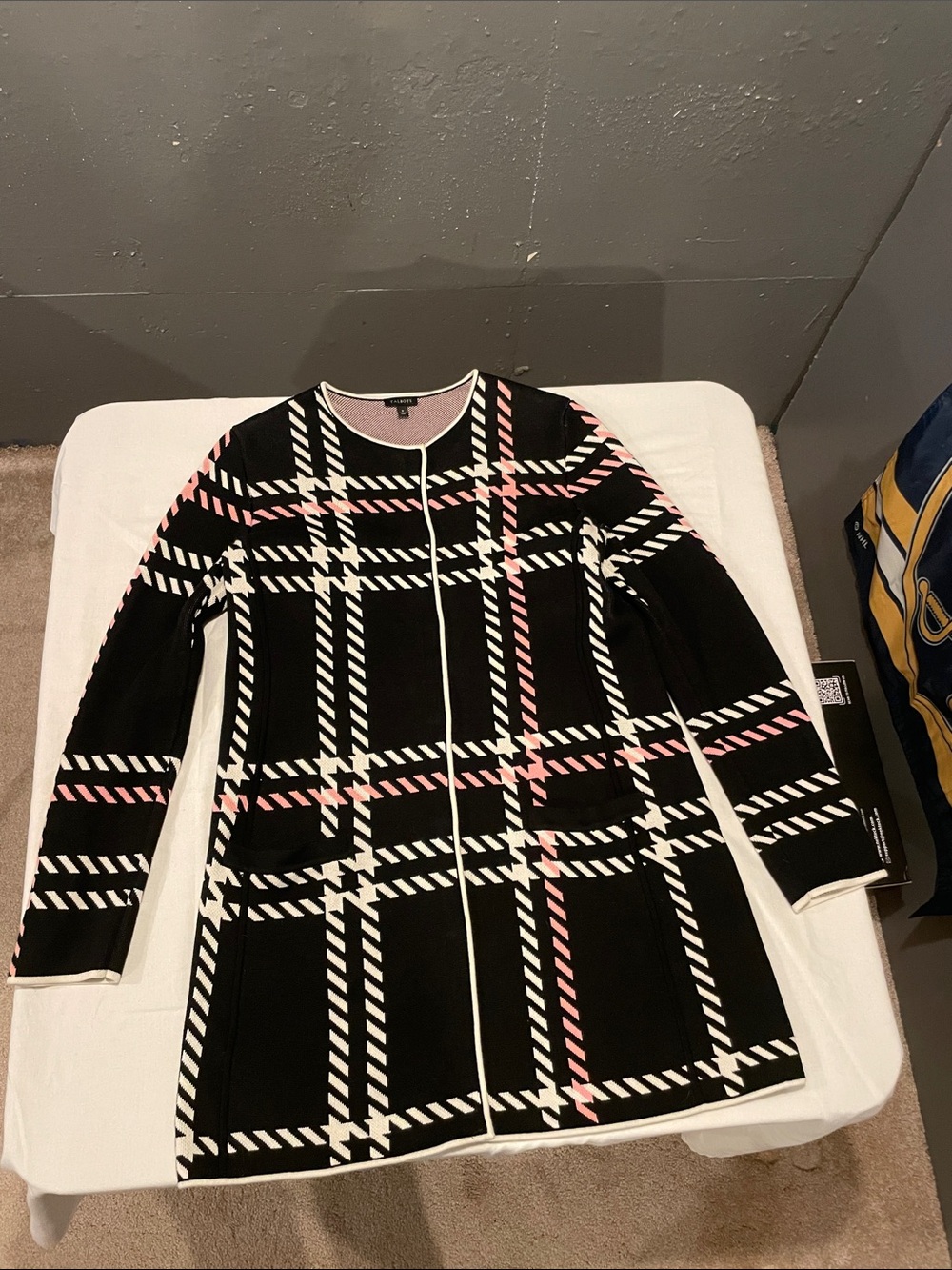 Women's Black Plaid Button Front Coat with Pink & White Accents - Picture 1 of 4